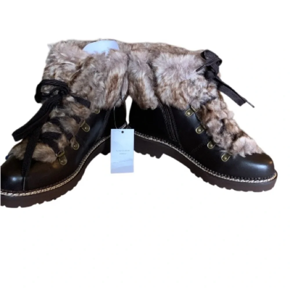 LANDSEND Women’s Leather Faux Fur Cuff Booties, Side Zip, **Minor Cosmetic Flaws